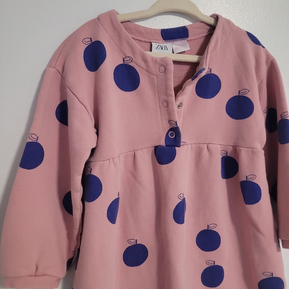 🧸2/20$ Zara Pink Sweatshirt Dress Blue Apple Print Size 2-3T Baby Toddler Girl - Picture 3 of 7